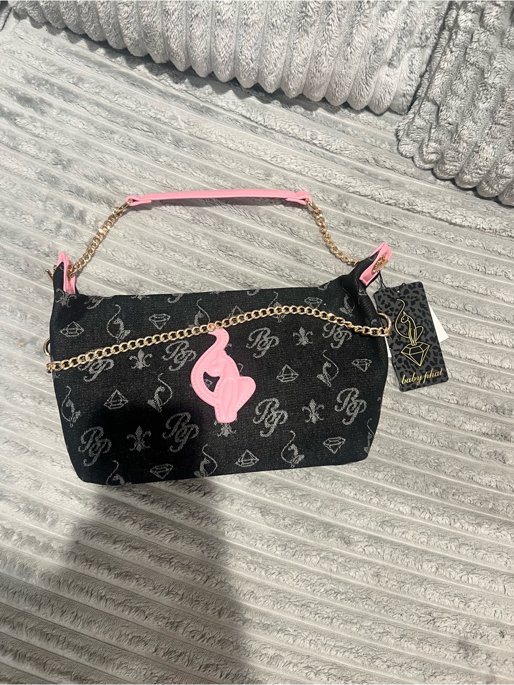 Baby Phat Black Shoulder Bag with Pink Logo and Gold Chain